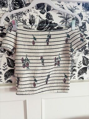 Off-Shoulder Smocked Floral Stripe Top - White